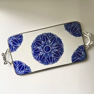 90’s Vintage Cottagecore BOMBAY Ceramic Serving Tray Handles Blue White Floral